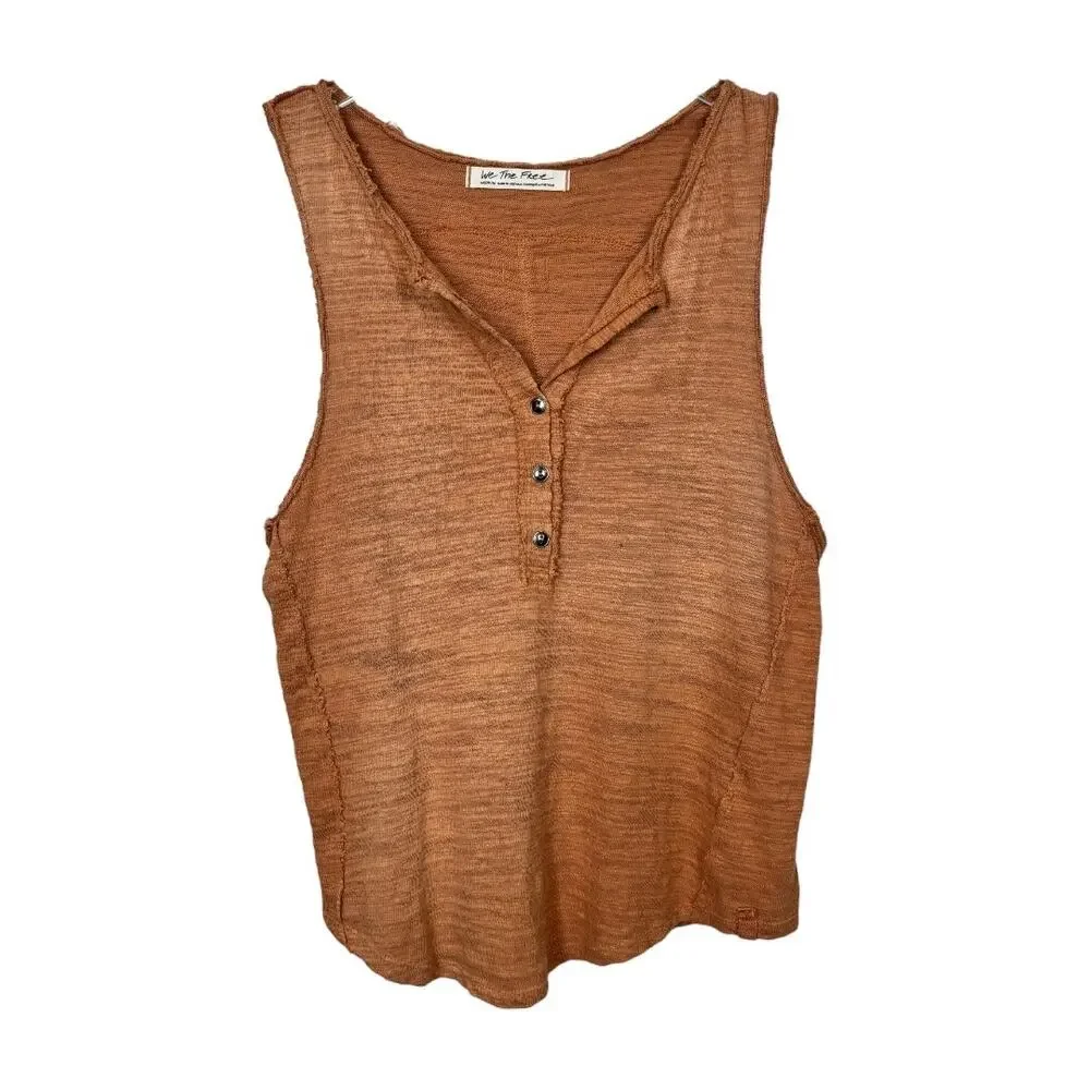 Free People Vintage Textured Henley Tank Medium Doe Rust Sleeveless Top Casual - Picture 3 of 7